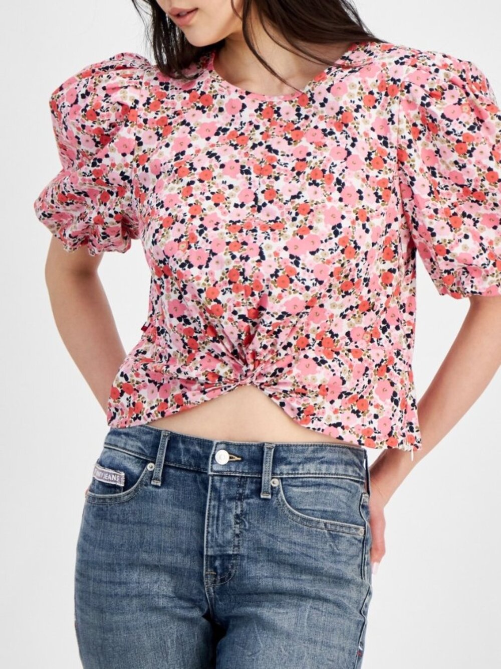 Tommy Hilfiger Women's Size L Ditsy Floral Puff Sleeve Pink White Top NEW